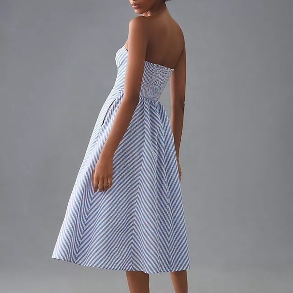 Anthropologie Maeve Strapless Midi Dress Blue White Stripes NEW - Picture 2 of 7